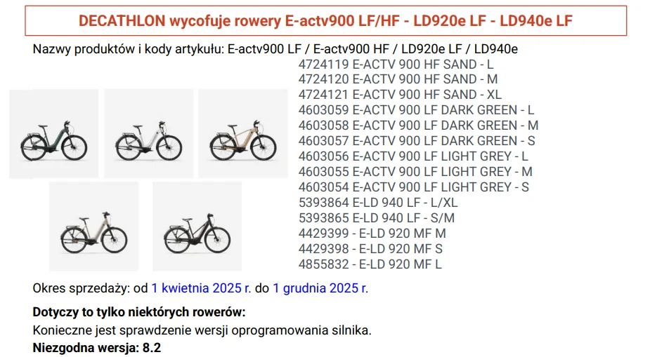 Różne modele rowerów elektrycznych wymienione według nazw i kodów artykułów, wraz z informacją o okresie sprzedaży oraz konieczności sprawdzenia wersji oprogramowania silnika. Produkty przedstawione są w rzędach po dwie-trzy sztuki na białym tle.