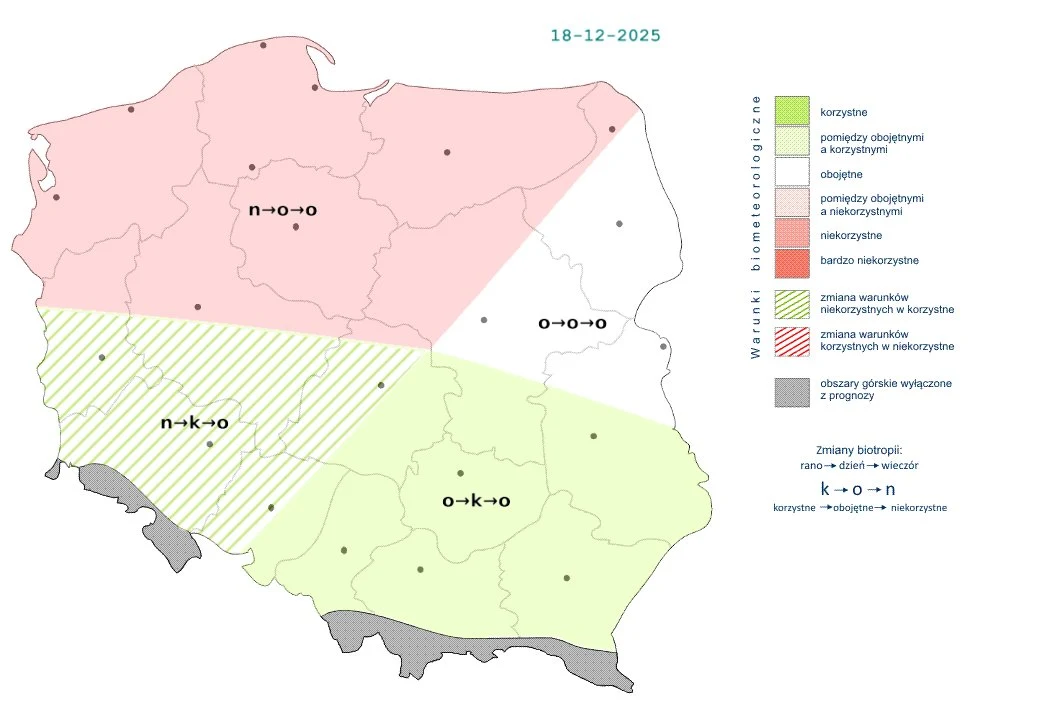 Ranek w wielu miejscach będzie nieprzyjemny, głownie z powodu mgieł. Z czasem warunki się poprawią, zwłaszcza na południu Kolorowa mapa Polski podzielona na różne strefy biometeorologiczne. Wskazano obszary korzystne, niekorzystne oraz przejściowe dla zdrowia. W legendzie po prawej stronie objaśniono symbole i znaczenie poszczególnych kolorów. Data 18-12-2025 znajduje się...