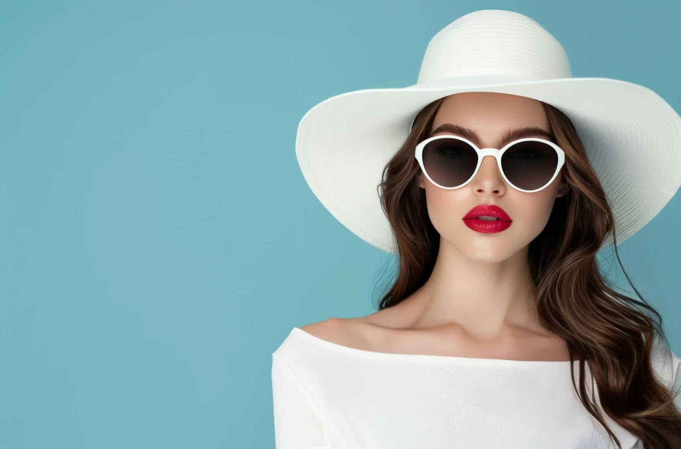 Kobieta z długimi, falującymi brązowymi włosami, w dużym białym kapeluszu i białych okularach przeciwsłonecznych. Ubrana w elegancką białą bluzkę, z wyrazistymi ustami pomalowanymi czerwoną szminką, na jasnoniebieskim tle.
