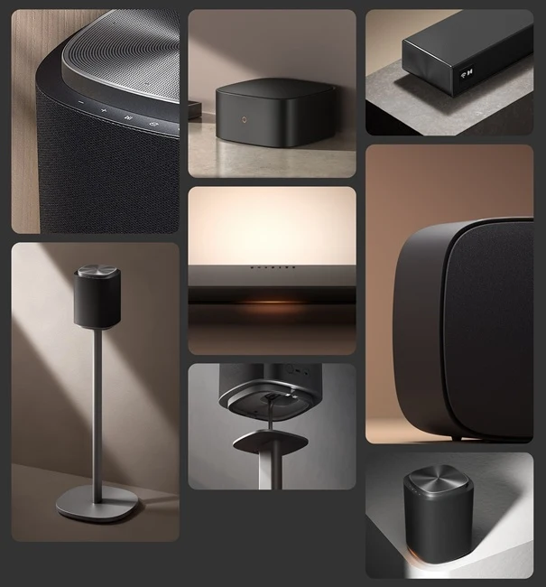 Zestaw zdjęć wysokiej jakości sprzętu audio w kolorze czarnym, w tym głośniki przenośne i stacjonarne, wzmacniacz oraz okrągłe pokrętło. Elementy osadzone są na różnych tłach, podkreślających ich minimalistyczny, nowoczesny design.