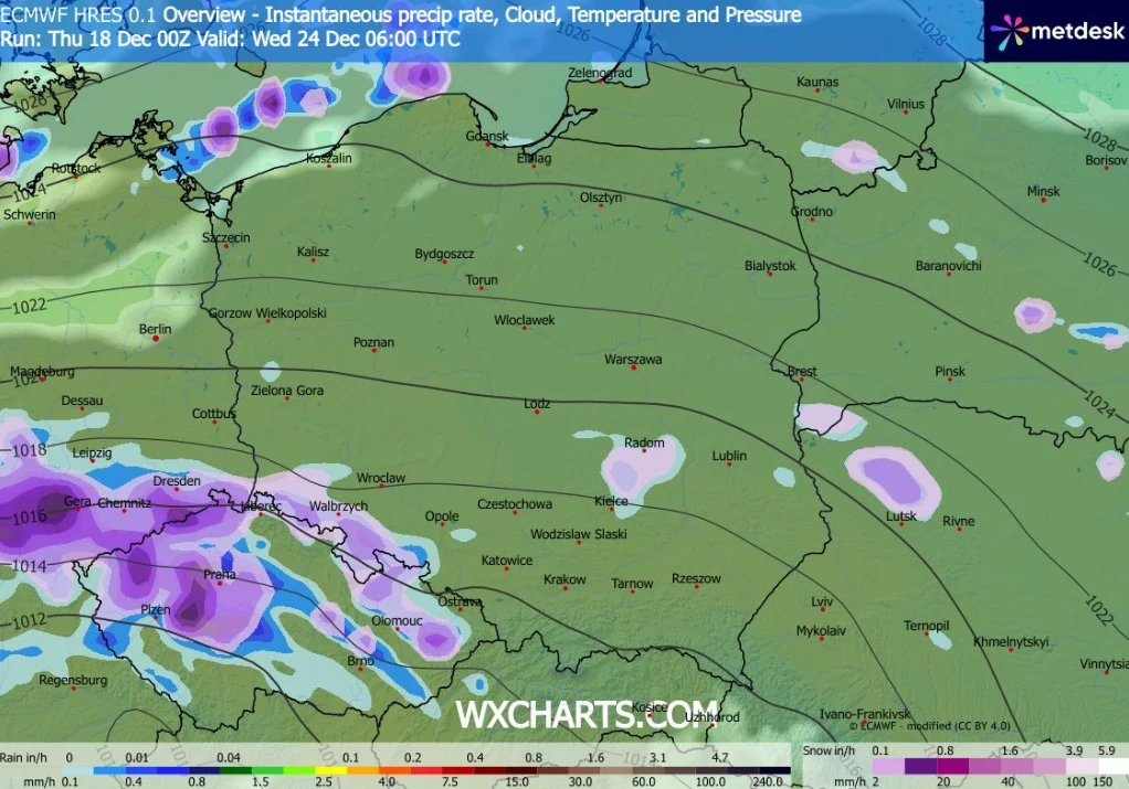 Lokalne opady śniegu w Wigilię nie są wykluczone. Dzień będzie pochmurny, a miejscami zapanuje lekki mróz Kolorowa mapa Polski z zaznaczonymi granicami państw oraz większymi miastami, prezentująca prognozowaną intensywność opadów, zachmurzenie oraz ciśnienie atmosferyczne na określony dzień. Różne odcienie fioletu i niebieskiego ilustrują strefy opadów, sz...