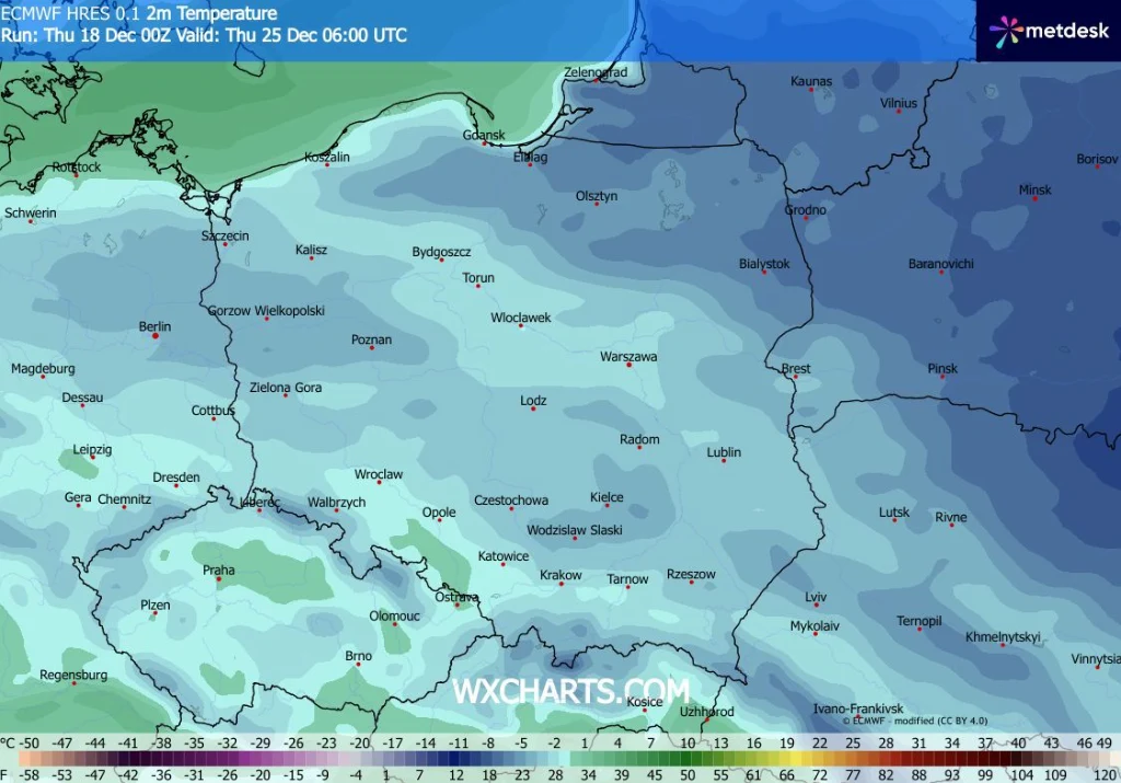 Pierwszy dzień świąt może być chłodny, a miejscami na terenach podgórskich i na północnym wschodzie nawet mroźny Mapa Polski zabarwiona według prognozowanych temperatur na różnych obszarach, odcienie niebieskiego wskazują niższe wartości, a zieleni wyższe. Miasta oraz granice państw są zaznaczone dla lepszej orientacji. Skala wartości temperatur znajduje się na d...