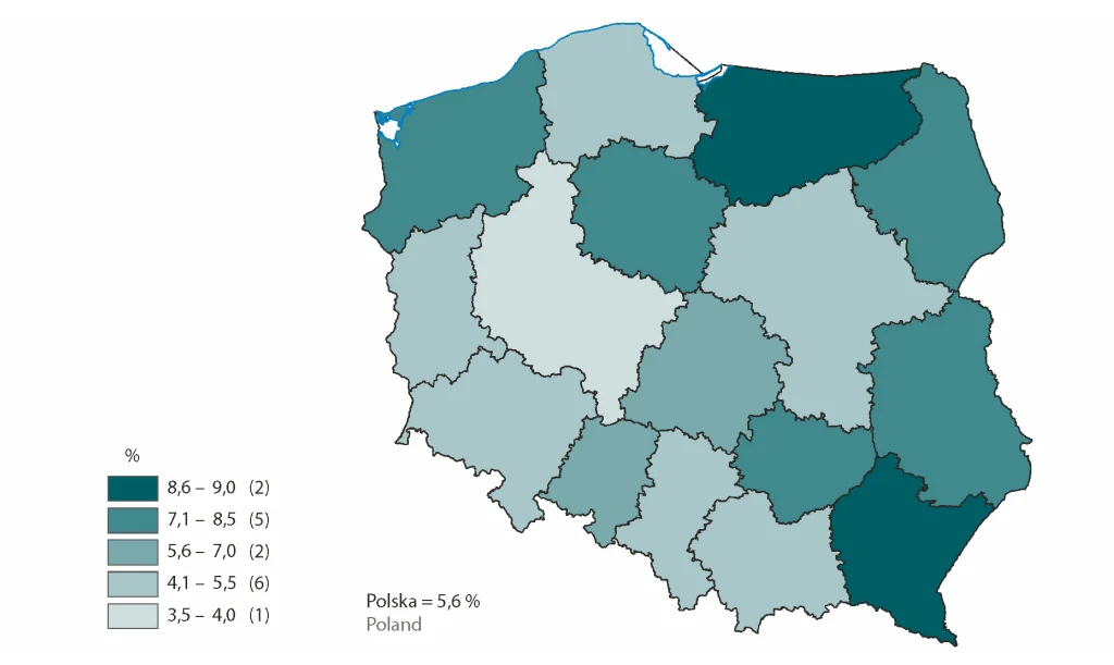 Stopa bezrobocia rejestrowanego w 2025 r. Stan na 30 września Mapa Polski z podziałem na województwa, przedstawiająca procentowy udział pewnego zjawiska w poszczególnych regionach. Na mapie zastosowano różne odcienie zieleni odpowiadające poszczególnym zakresom procentowym.
