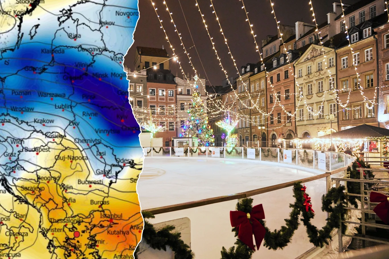 Najnowsza prognoza pogody na Boże Narodzenie nie wyklucza opadów śniegu i chłodniejszej aury Kolorowa mapa pogodowa Europy Wschodniej połączona z widokiem oświetlonego lodowiska na tle zabytkowych kamienic udekorowanych świątecznymi iluminacjami.