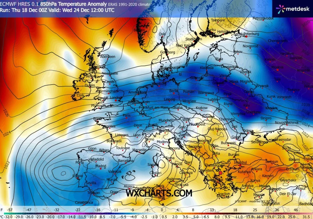 Anomalia temperatur może objąć Polskę w Wigilię i utrzymać się do drugiego dnia świąt Kolorowa mapa Europy ilustrująca anomalię temperatury powietrza na poziomie 850 hPa względem średniej z lat 1991-2020, z wyraźnie zaznaczonymi obszarami cieplejszymi i chłodniejszymi oraz granicami państw.
