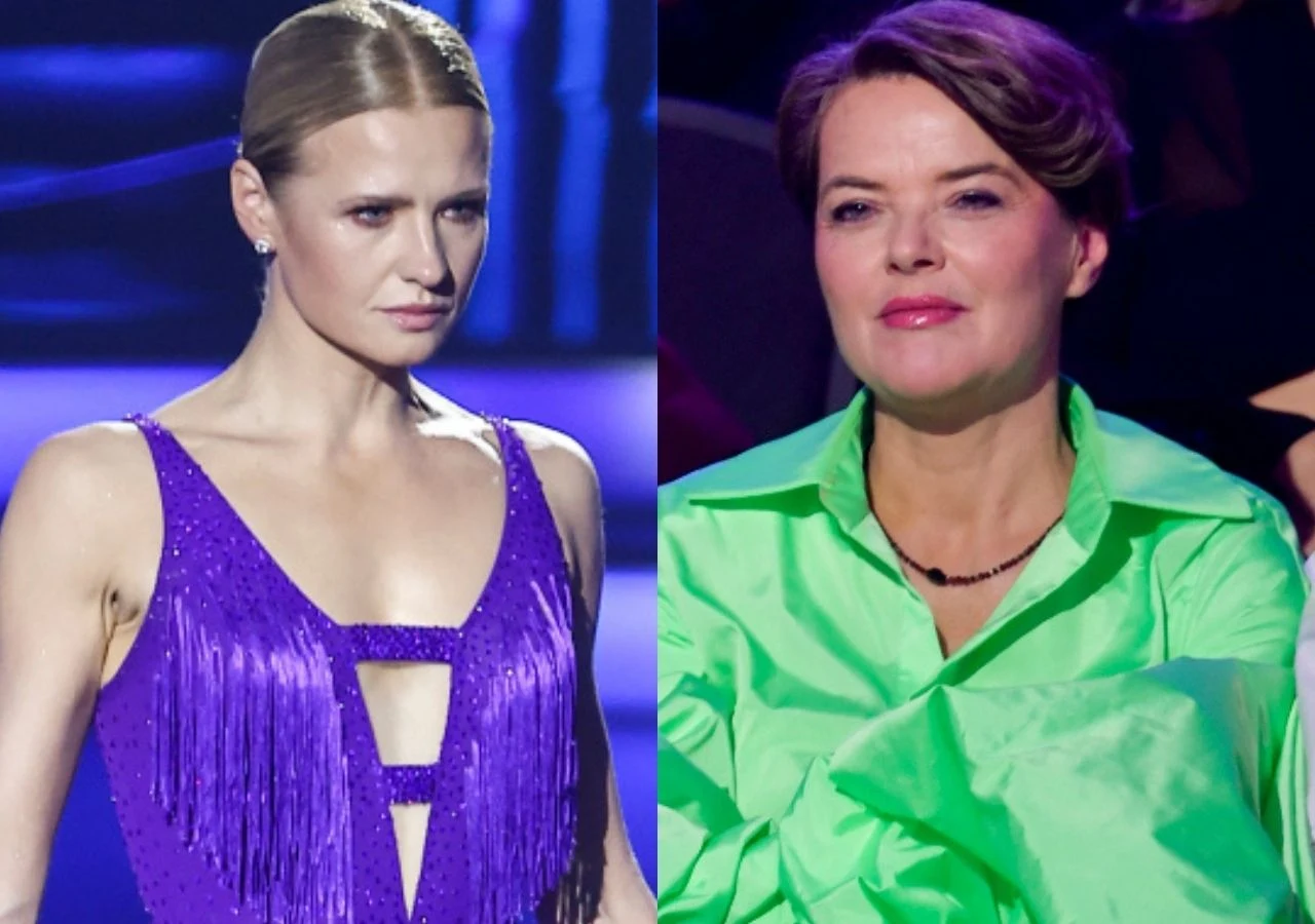 Wiktoria Gorodecka, Monika Richardson, "Taniec z gwiazdami" Dwie kobiety w eleganckich strojach, jedna w błyszczącej fioletowej sukience z frędzlami, druga w luźnej jasnozielonej koszuli, obie patrzące z powagą przed siebie, tło w fioletowych odcieniach sugeruje atmosferę programu telewizyjnego.