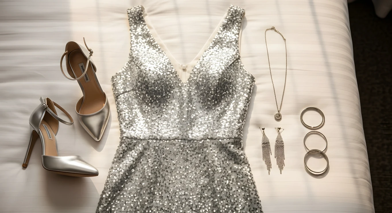 Srebrna, błyszcząca sukienka wieczorowa ułożona centralnie na łóżku, po lewej stronie eleganckie srebrne szpilki, po prawej długie kolczyki, naszyjnik oraz trzy bransolety, całość tworzy stylizację na wyjątkowe wyjście.