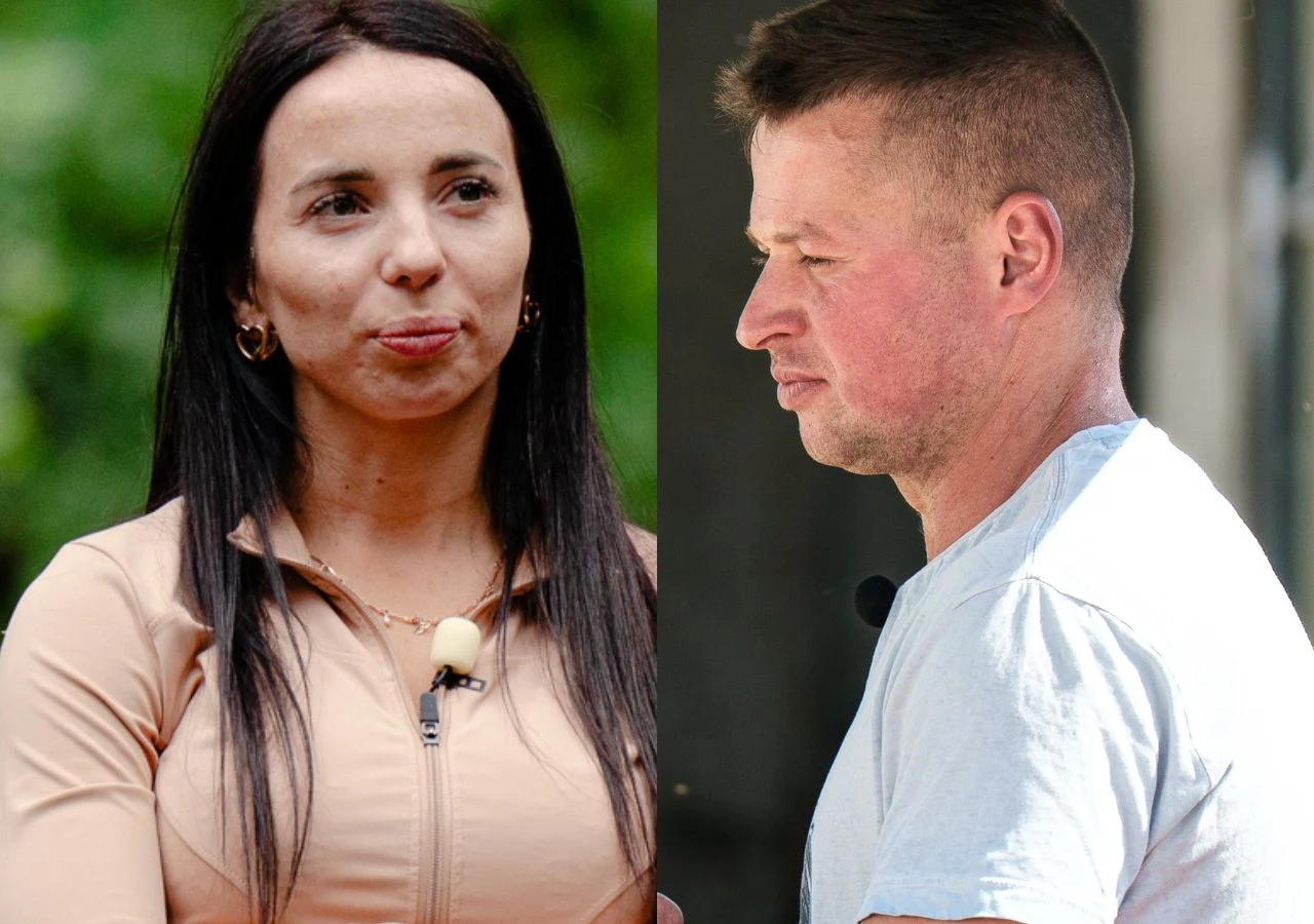 Agnieszka i Krzysztof w "Rolnik szuka żony" Dwie osoby, kobieta z długimi ciemnymi włosami i mężczyzna z krótkimi włosami, stoją zwróceni przodem i bokiem do obiektywu. Oboje mają przypięte mikrofony, co może sugerować udział w wywiadzie lub programie telewizyjnym. Kobieta ma na sobie jasną kurt...