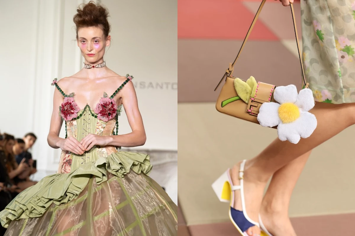 Modelka ubrana w efektowną suknię z gorsetem ozdobionym kwiatami, obok szczegółowe zbliżenie na damską torebkę dekorowaną dużym kwiatem margaretki oraz białe sandały na obcasie.