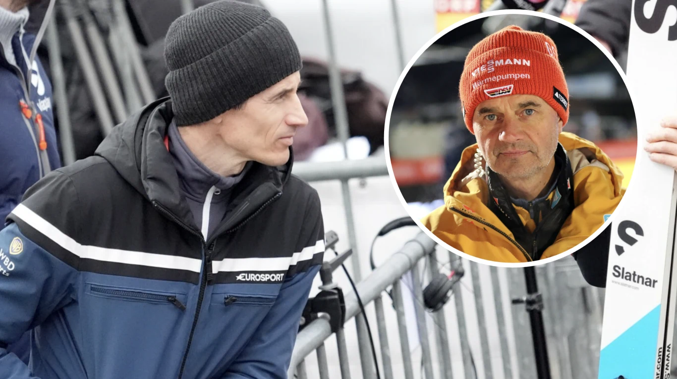 Mężczyzna ubrany w sportową kurtkę i czarną czapkę stoi przy metalowych barierkach na wydarzeniu sportowym. W prawym górnym rogu znajduje się okrągłe wstawienie z wizerunkiem innego mężczyzny w czerwonej czapce i żółtej kurtce, trzymającego biały narty.