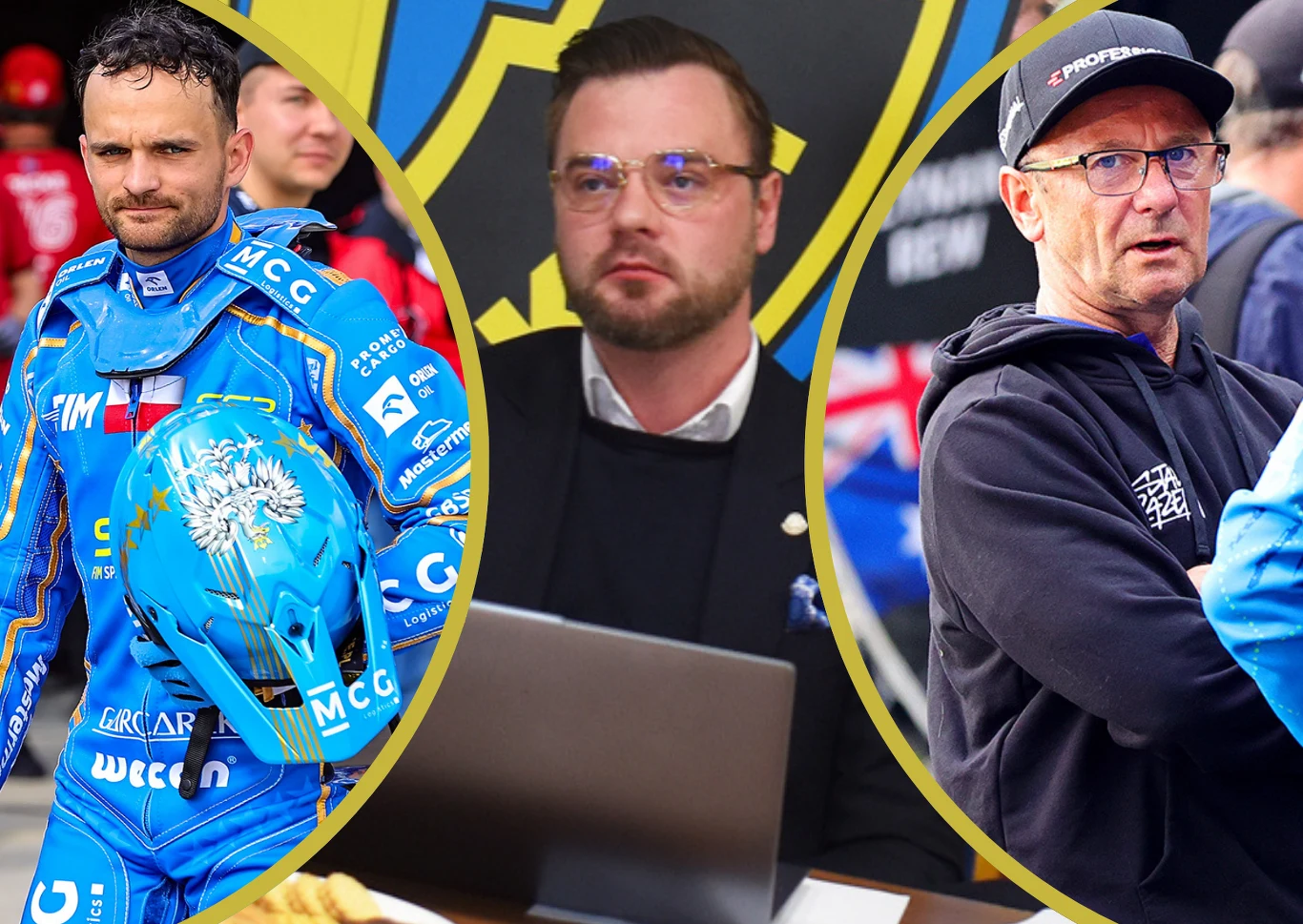 Trzech mężczyzn w trzech oddzielnych kadrach, jeden ubrany w motocyklowy kombinezon wyścigowy i trzymający niebieski kask, drugi w garniturze za biurkiem, trzeci w sportowej bluzie ze słuchawkami na szyi.