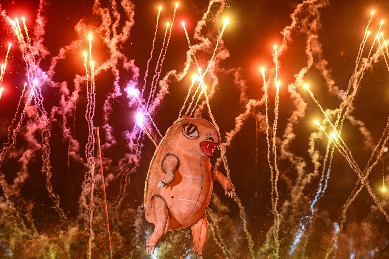 Czołowi polscy przyrodnicy i naukowcy mówią zgodnie: nie strzelaj Ogromna dmuchana postać o zwierzęcych cechach otoczona przez jaskrawe, kolorowe fajerwerki rozświetlające nocne niebo, atmosfera widowiskowości i świętowania.