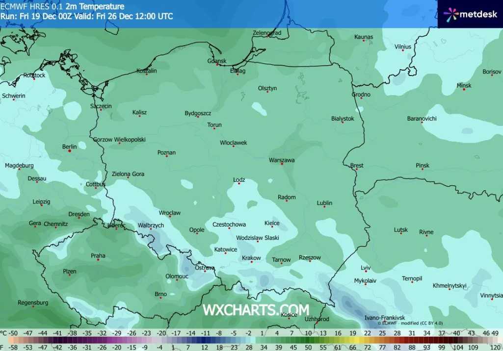 Drugiego dnia świąt najchłodniej może być na południowych krańcach Polski. W pozostałych miejscach zrobi się cieplej Mapa prognozy temperatur dla Polski z podziałem na regiony, kolorowe oznaczenia temperatur w skali barwnej, oznaczone główne miasta i granice państw, podpisy temperatur przy dolnej krawędzi.