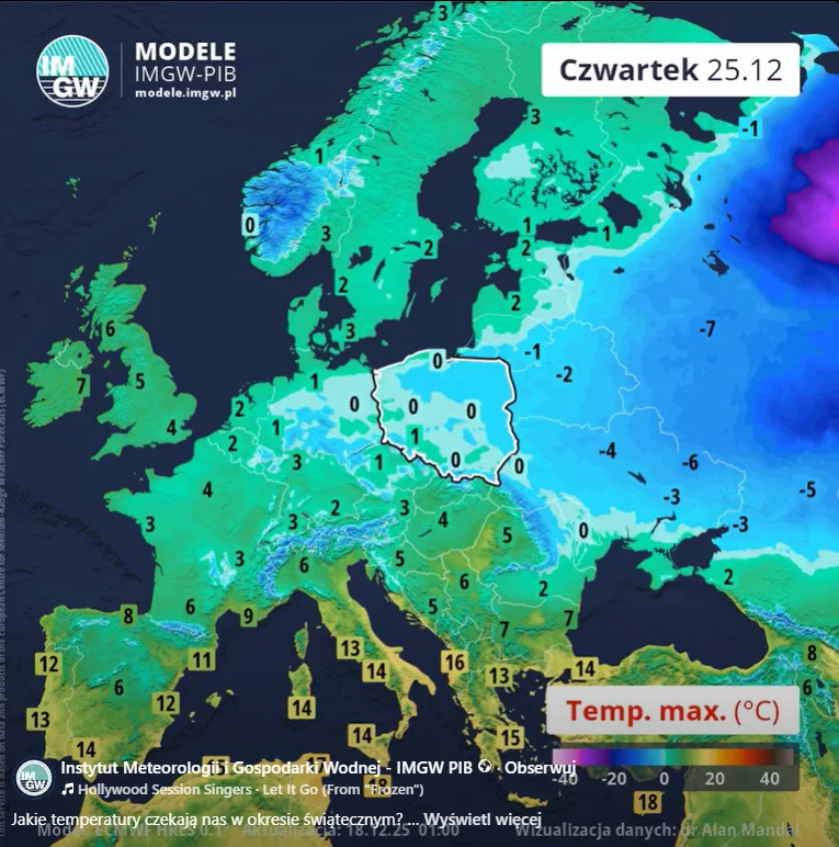 Pierwszy dzień świąt Bożego Narodzenia może się okazać wyraźnie chłodniejszy od Wigilii, jednak opady śniegu nie będą zbyt duże Kolorowa mapa Europy prezentująca prognozowane maksymalne temperatury powietrza dla 25 grudnia, ukazująca wyraźne różnice temperatur między zachodnią a wschodnią częścią kontynentu, z legendą temperaturową oraz oznaczeniem granic państw.