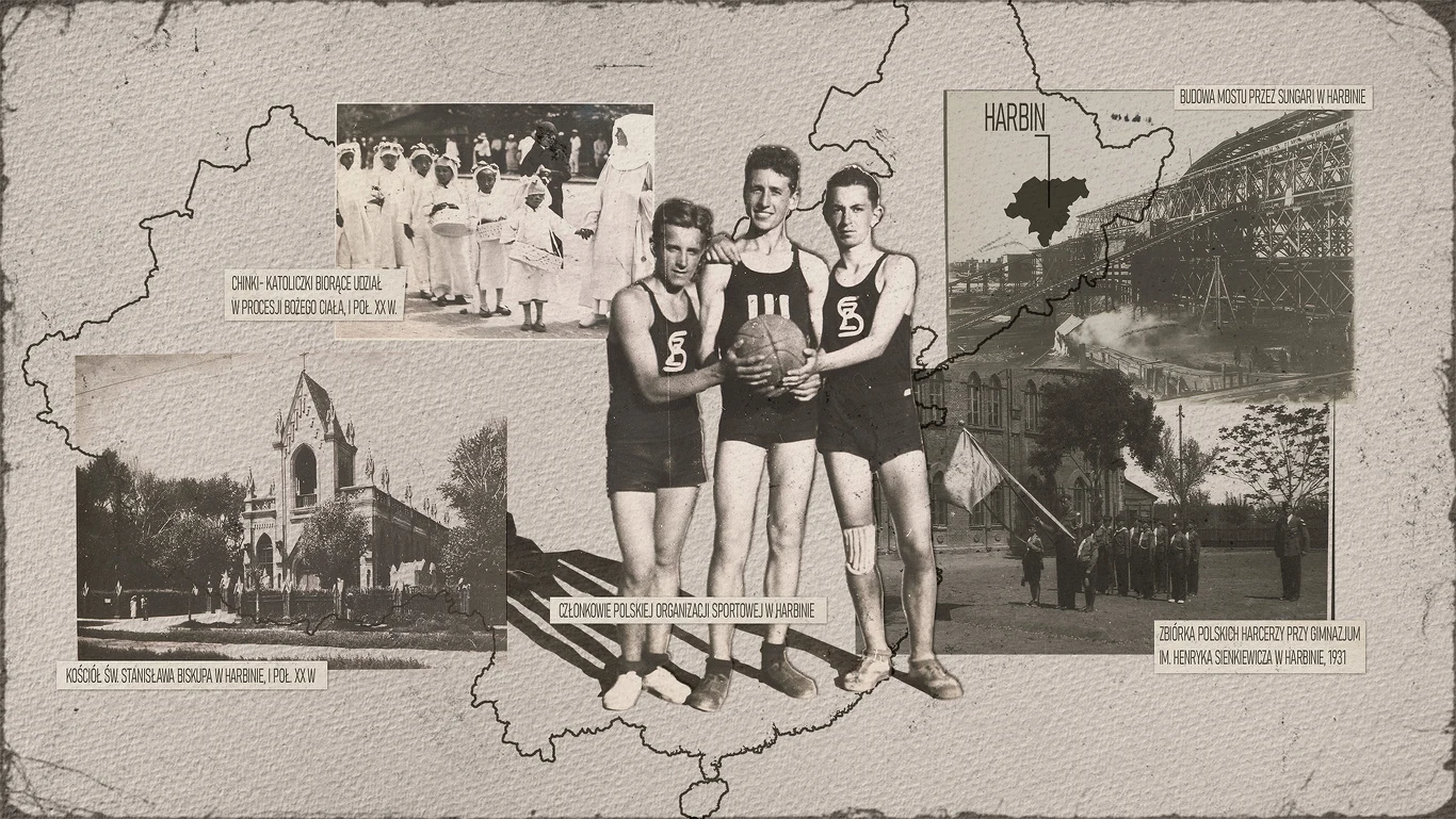 Harbin, potężną chińską metropolię założyli... Polacy. Zaczęło się od kolei /zdjęcia źródłowe: Książnica Pomorska Kompozycja archiwalnych czarno-białych fotografii rozmieszczonych na tle mapy, przedstawiających trzyosobową drużynę sportową ze starych czasów, kościół, grupy ludzi uczestniczących w różnych wydarzeniach oraz budowlę mostową, każda ilustracja opatrzon...