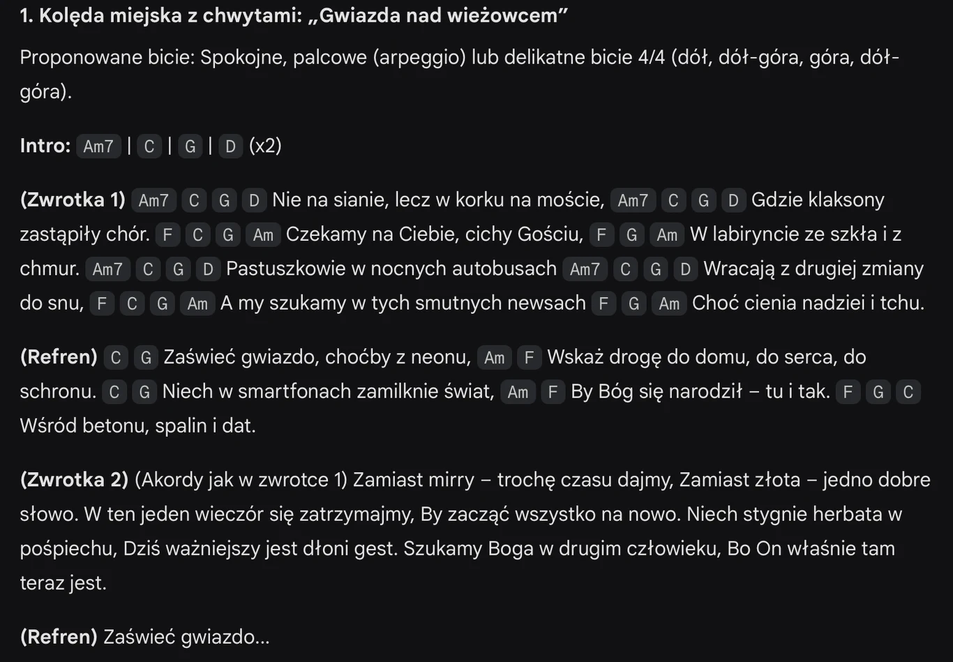 Życzycie sobie chwyty gitarowe do tych nowoczesnych kolęd? Ależ proszę! Tekst kolędy miejskiej wraz z akordami gitarowymi, zapisem proponowanego bicia oraz podziałem na zwrotki i refren. Dominują ciemne tło oraz kontrastowe białe litery. Warstwa tekstowa skierowana jest do osób grających na gitarze i pragnących wykonać utw...