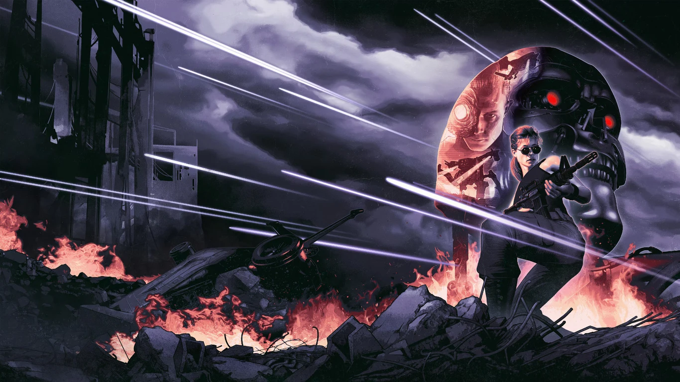 Terminator 2D: No Fate Postać uzbrojonego mężczyzny w okularach przeciwsłonecznych stojąca na tle ruin i płomieni, wśród gruzów, z dużą, mechanicznie wyglądającą czaszką z czerwonymi oczami w tle, nad całością przelatują jasne, świetlne pociski.