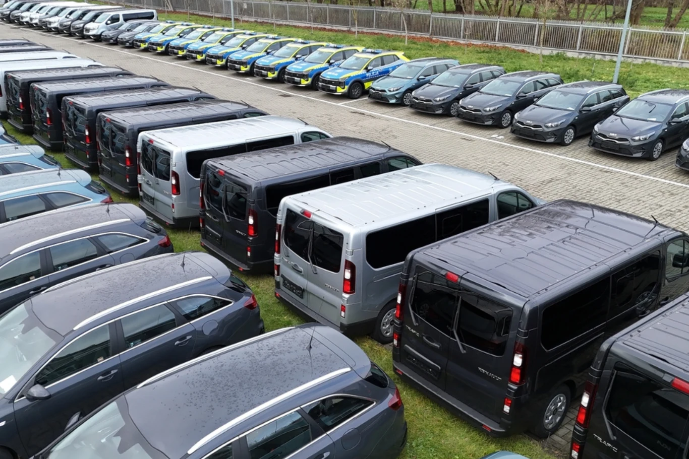 Rzędy zaparkowanych samochodów osobowych oraz vanów ustawionych równolegle na parkingu, widoczne głównie tyły pojazdów, niektóre auta oznakowane żółtymi i niebieskimi pasami.