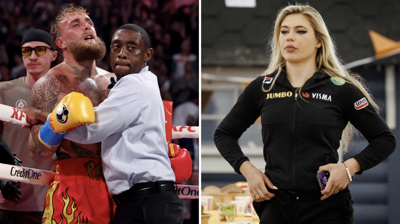 Jutta Leerdam zabrała głos po walce Jake'a Paula Po lewej stronie bokser w rękawicach zostaje objęty przez sędziego podczas walki, w tle widoczni są inni członkowie ekipy. Po prawej młoda kobieta w sportowym ubraniu z logo sponsora, stoi z ręką na biodrze, w tle rozmyte wnętrze.