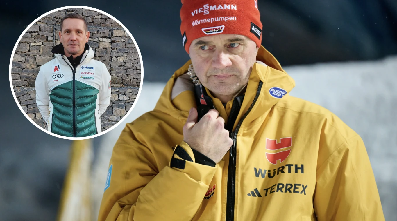 Mężczyzna w żółtej kurtce z logotypami Würth i Terrex oraz czerwonej czapce spoglądający poważnie w bok na tle zimowego krajobrazu, w lewym górnym rogu okrągłe wstawienie z wizerunkiem innego mężczyzny ubranym w sportową kurtkę na tle kamiennej ściany.