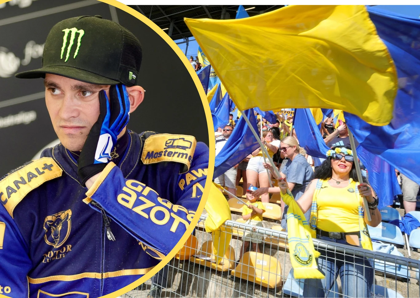 Jacka Holdera i spółkę czeka trudne zadanie Zawodnik ubrany w strój żużlowy drużyny sportowej oraz kibice trzymający niebiesko-żółte flagi na trybunach podczas wydarzenia sportowego.