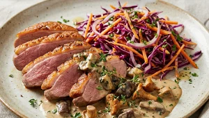 Klasyka w restauracyjnym wydaniu. Pierś z kaczki – "na różowo" – z sosem grzybowym i czerwoną kapustą