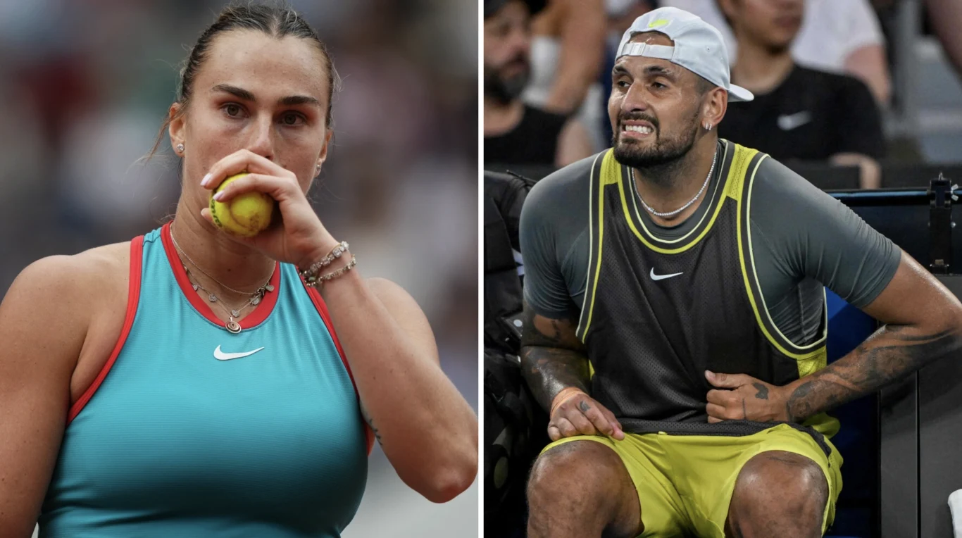 Kobieta w sportowym stroju trzymająca piłkę tenisową oraz mężczyzna w sportowym ubraniu siedzący na ławce, oboje w otoczeniu widowni podczas wydarzenia sportowego.