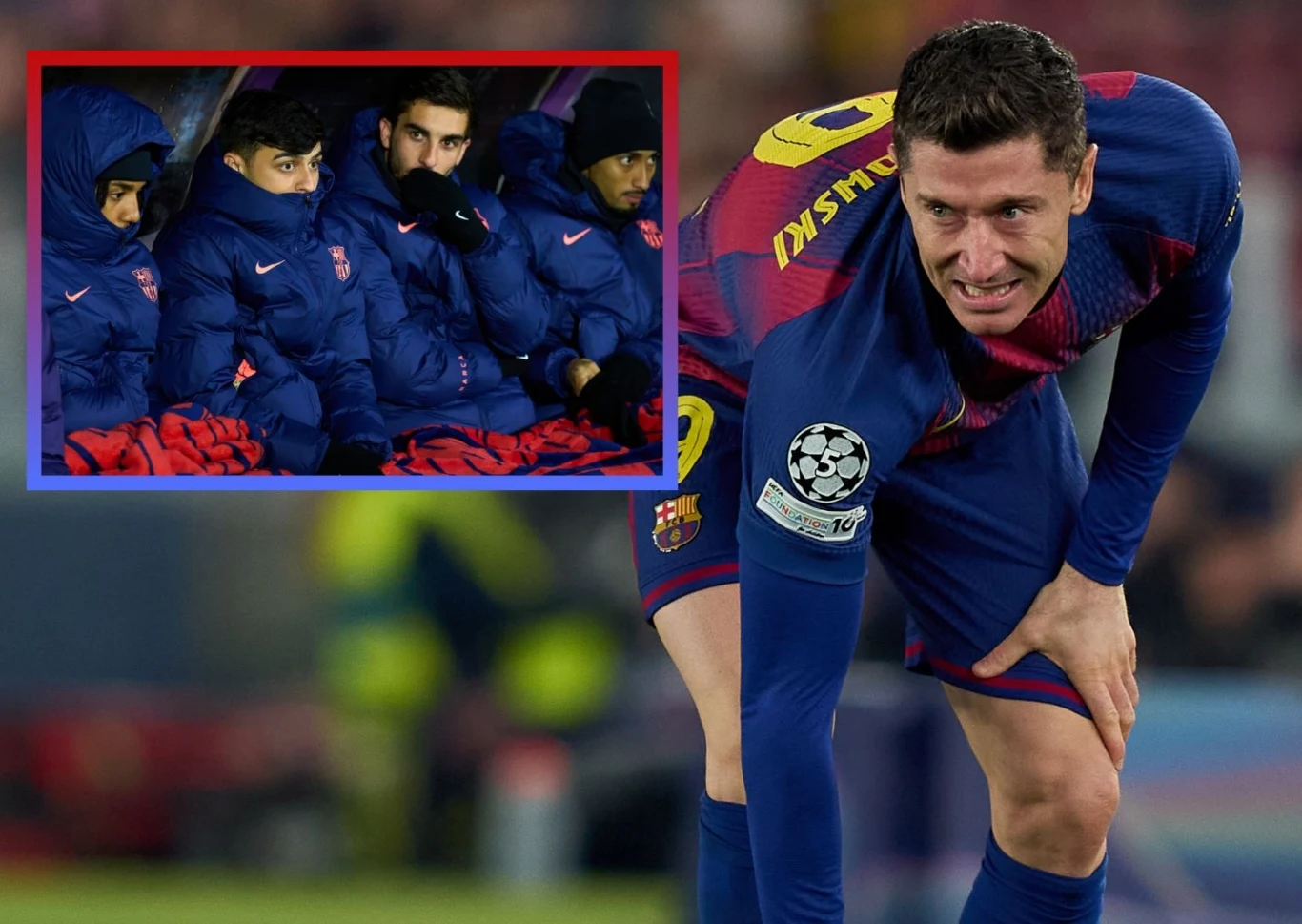 Robert Lewandowski z niepokojem patrzy na kolejny uraz ważnego piłkarza Barcelony Piłkarz w stroju FC Barcelony w centrum kadru pochylony z wyrazem skupienia i zmęczenia na twarzy, lekko opiera dłonie na kolanach. W lewym górnym rogu zdjęcia wstawka pokazująca kilku zawodników drużyny rezerwowej ubranych w zimowe kurtki, siedzących ...