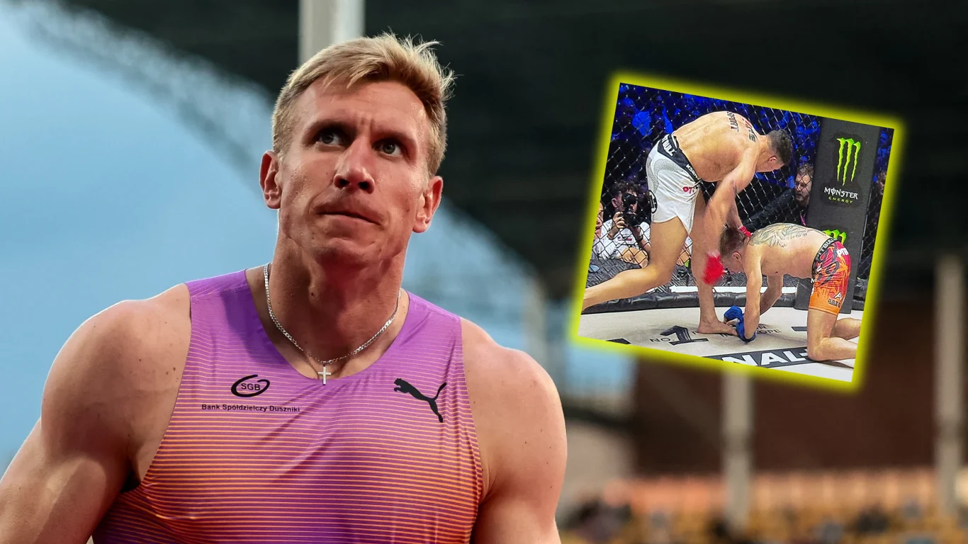 Muskularny sportowiec w stroju lekkoatletycznym z poważnym wyrazem twarzy, na tle stadionu. W prawym górnym rogu widoczne zdjęcie z walki MMA w oktagonie, gdzie jeden z zawodników zadaje cios przeciwnikowi znajdującemu się na kolanach.