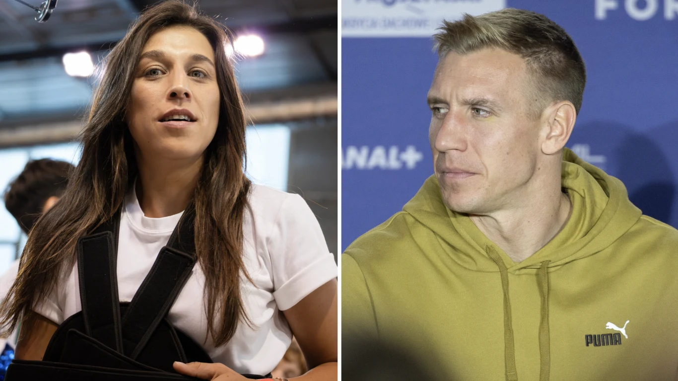 Joanna Jędrzejczyk przemówiła po walce Piotra Liska w KSW Dwóch dorosłych, osobno sfotografowanych – po lewej kobieta z długimi włosami, ubrana w sportowy strój i kamizelkę, po prawej mężczyzna w żółtej bluzie z logo Puma na niebieskim tle.