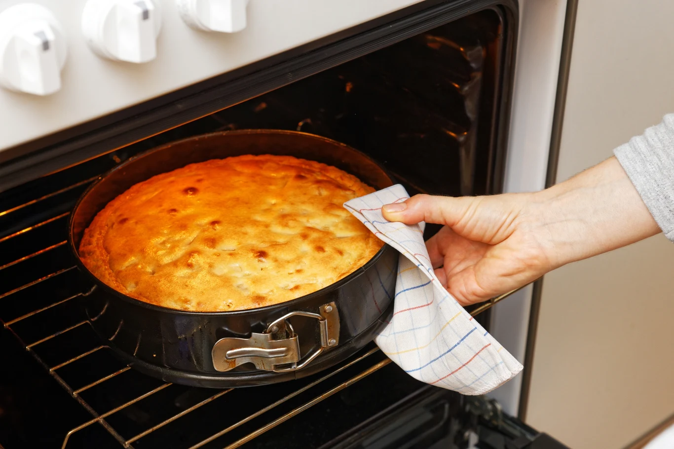 Wyciągany z piekarnika okrągły biszkopt w czarnej formie z odpinanym rantem, trzymany przez osobę korzystającą z ściereczki do ochrony dłoni.