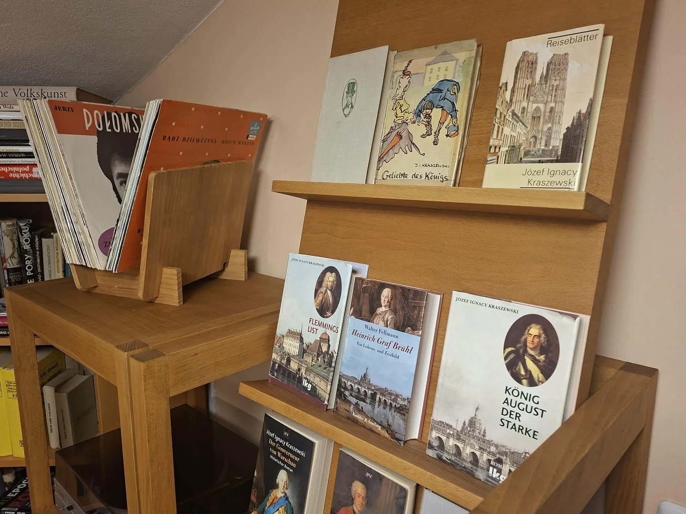 Drewniany regał z ustawionymi na półkach książkami oraz czasopismami. Na górnej półce widoczne kilka książek o tematyce historycznej, w tym o postaciach królów i architekturze. Obok drugi niższy regał z pionowo ustawionymi płytami winylowymi.