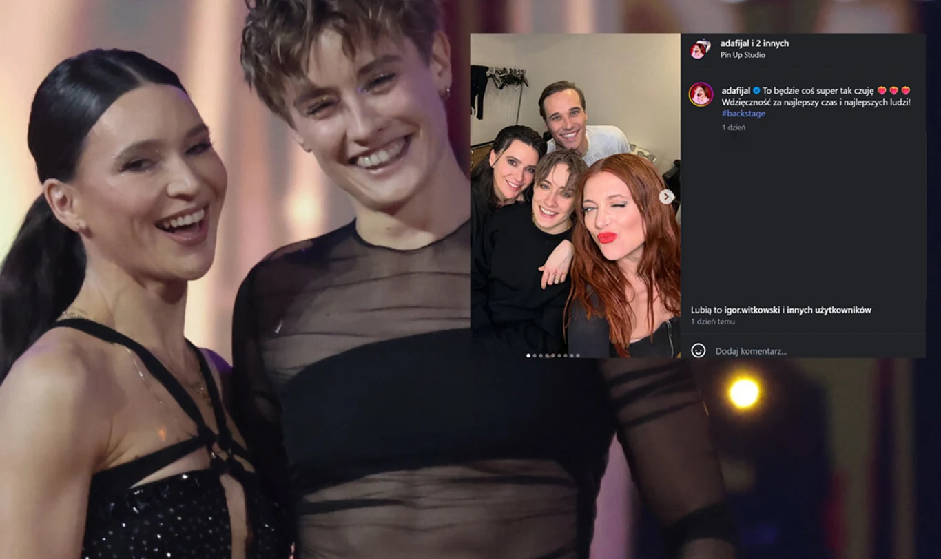 Uśmiechnięta para w efektownych strojach tanecznych stojąca blisko siebie na jasnym tle, z nałożonym mniejszym zdjęciem grupy osób obejmujących się i pozujących do selfie, wszyscy wyglądają na zadowolonych i radosnych.