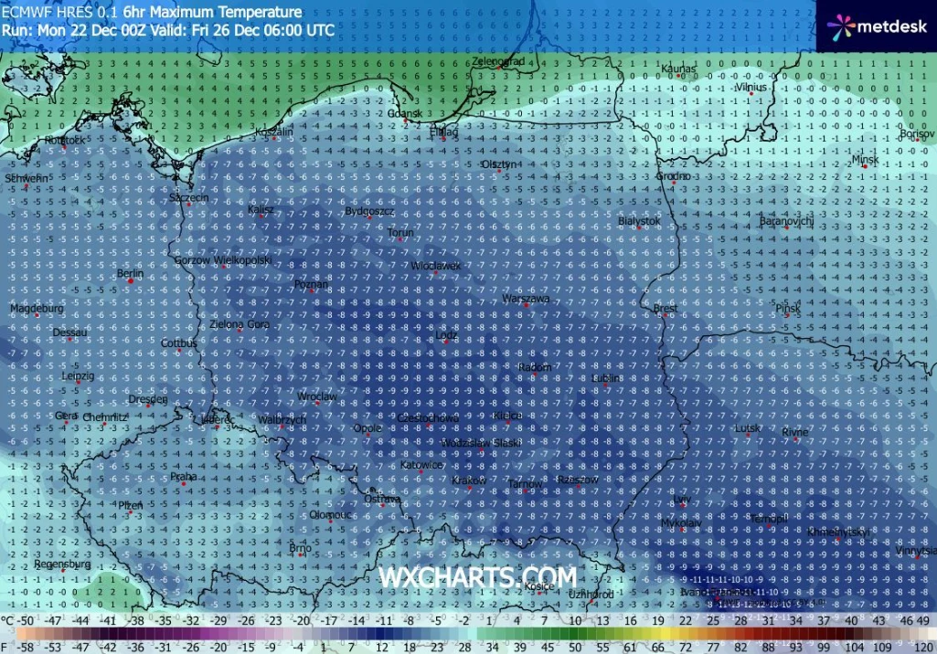 Mapa prognozy temperatury maksymalnej dla Polski i okolicznych krajów, z zaznaczonymi wartościami liczbowymi temperatury w stopniach Celsjusza na różnych obszarach oraz kolorowym gradientem ukazującym rozkład temperatur.