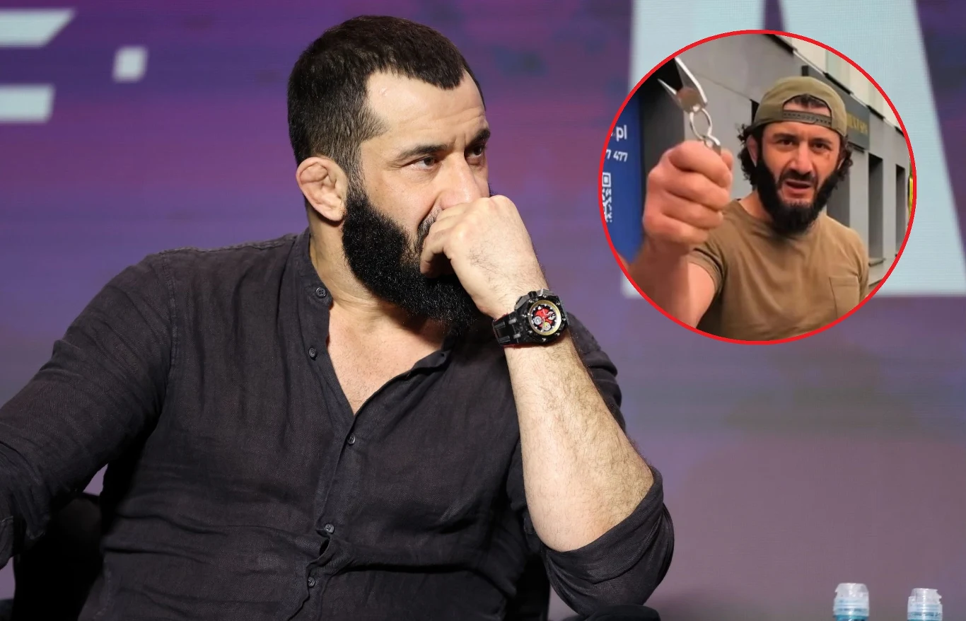 Mamed Chalidow od lat mieszka w Polsce i stał się legendą polskiego MMA Brodaty mężczyzna siedzi zamyślony przy stole, opierając głowę na dłoni, w prawym górnym rogu znajduje się okrągłe wstawienie z innym mężczyzną w beżowej koszulce, który energicznie pokazuje w stronę kamery srebrny przedmiot.
