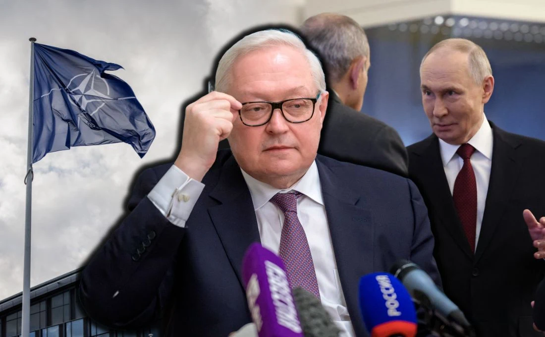 Siergiej Riabkow z nieoczekiwaną propozycją dla UE i NATO Mężczyzna w garniturze poprawiający okulary przed mikrofonami z logo różnych mediów, w tle flaga NATO oraz sylwetka Władimira Putina rozmawiającego z inną osobą.