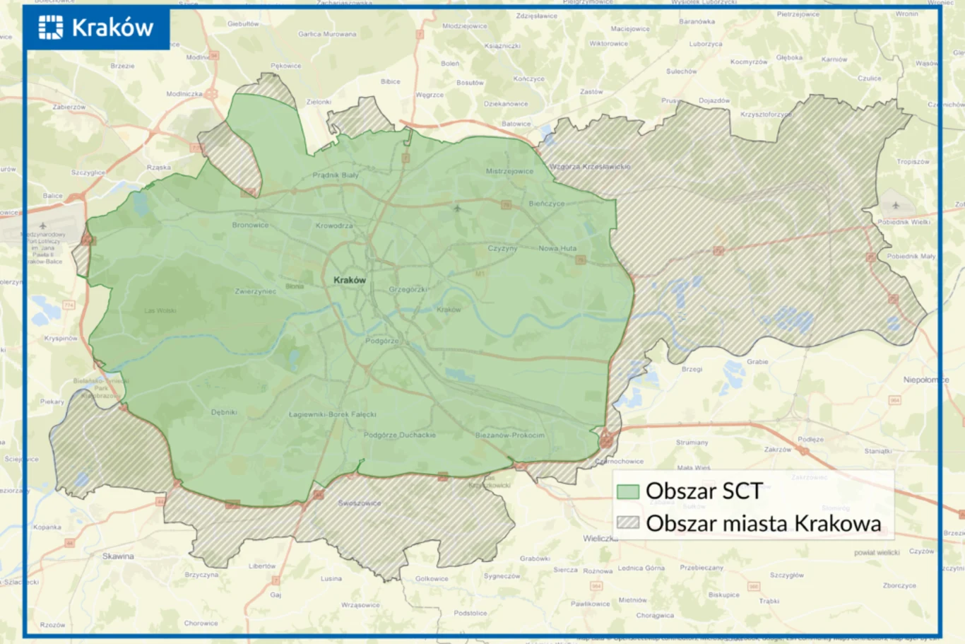 Strefa Czystego Transportu w Krakowie obejmuje obszar wyznaczony przez IV obwodnicę miasta Mapa przedstawia obszar Krakowa oraz wyznaczoną strefę SCT zaznaczoną na zielono, na której nałożono granice administracyjne miasta, z czytelną siatką dróg i okolicznymi miejscowościami. Legenda wyjaśnia oznaczenia kolorystyczne.