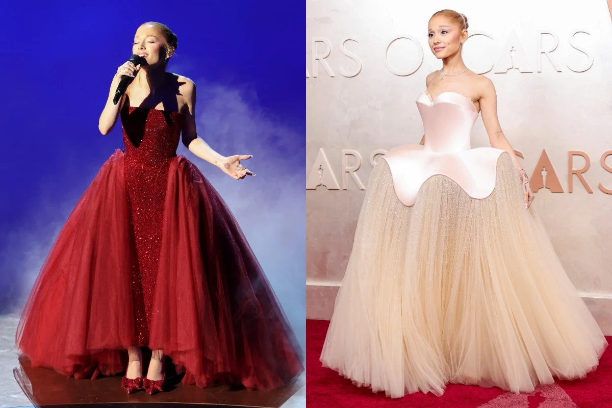 Dwie młode kobiety w eleganckich sukniach wieczorowych, jedna w czerwonej sukni na scenie z mikrofonem w dłoni podczas występu, druga w kremowej sukni z efektownym, rzeźbiarskim gorsetem na czerwonym dywanie.