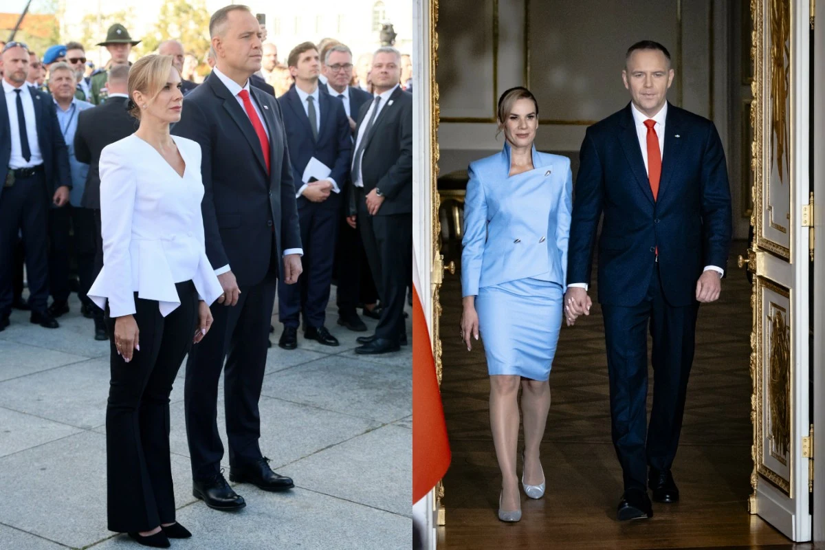 Para w eleganckich strojach uczestniczy w oficjalnych wydarzeniach, otoczona innymi osobami w tle oraz wewnątrz reprezentacyjnego pomieszczenia, trzymając się za ręce, prezentuje się z powagą i pewnością siebie.