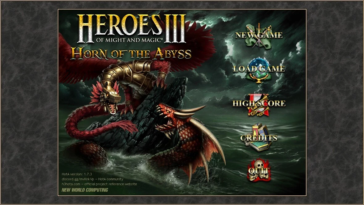 Grafika przedstawiająca ekran startowy dodatku do gry komputerowej Heroes of Might and Magic III Horn of the Abyss z fantastycznym stworzeniem walczącym na morzu oraz głównym menu gry po prawej stronie.