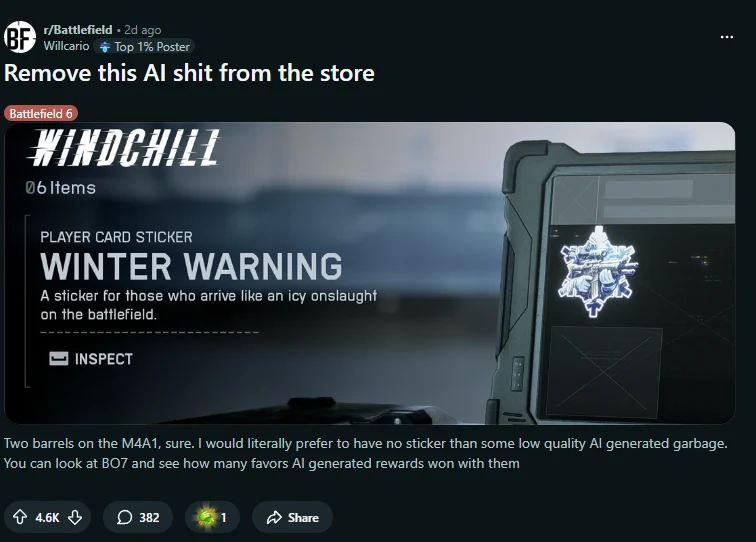 Fragment gry komputerowej Battlefield 6 z naklejką „Winter Warning” oferowaną jako cyfrowy przedmiot kolekcjonerski oraz komentarzem użytkownika wyrażającym niezadowolenie wobec obecności treści generowanych przez AI w sklepie.