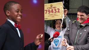 Jeden z uczniów losujących oraz pracownicy kolektury, w której padła główna nagroda