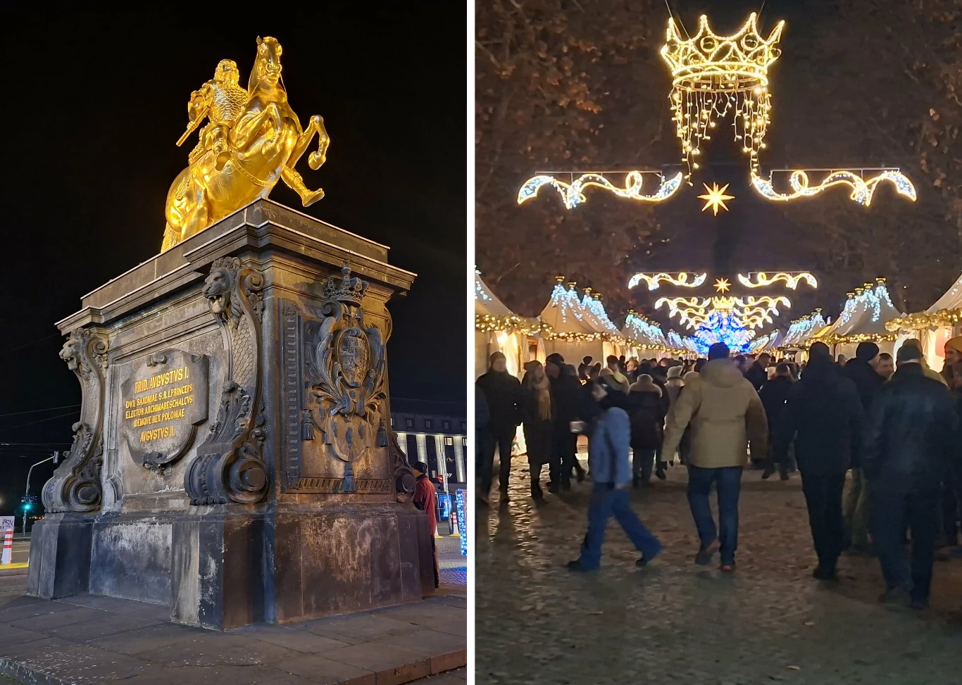 Po lewej stronie znajduje się barwny, podświetlony złoty pomnik jeźdźca na koniu na marmurowym cokole z inskrypcją, natomiast po prawej widać tłum ludzi spacerujących alejką podczas wieczornego jarmarku świątecznego, otoczonego dekoracjami świetlnymi w...