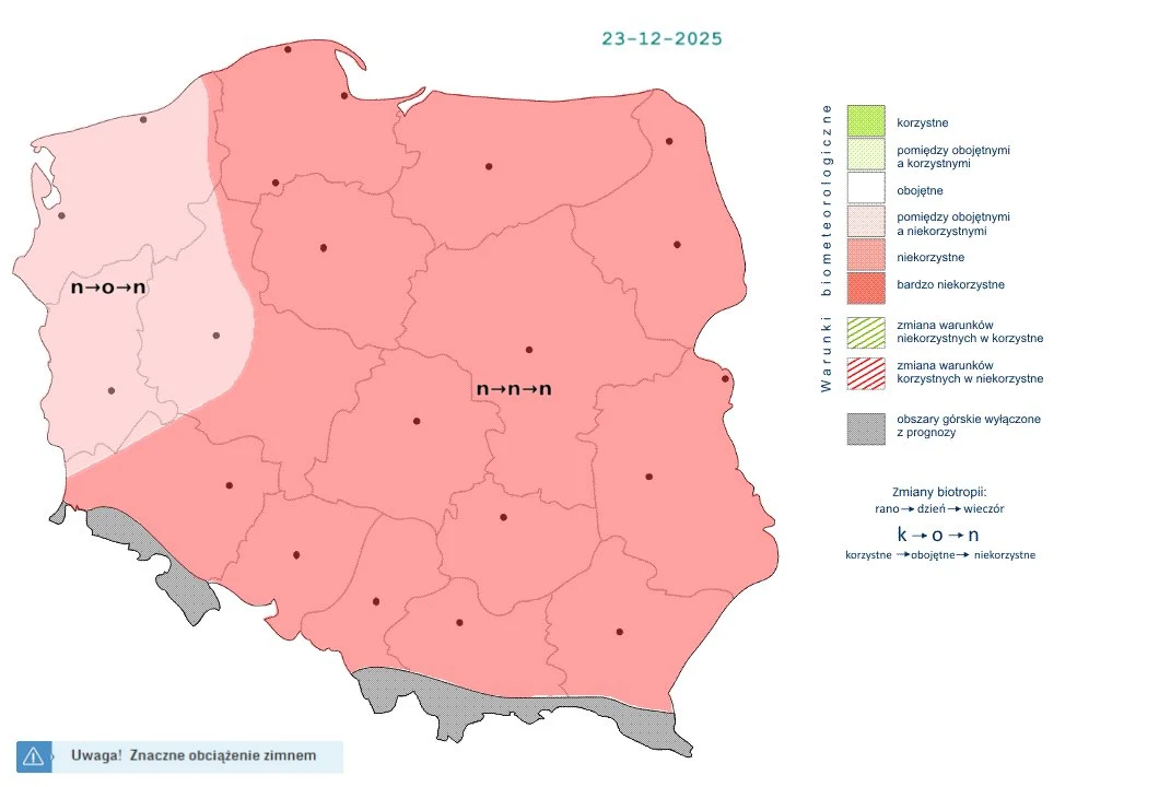 Kolorowa mapa Polski z podziałem na regiony według wpływu warunków biometeorologicznych, oznaczenia kolorystyczne informują o przeważającym niekorzystnym oddziaływaniu zimna, legenda po prawej stronie wyjaśnia oznaczenia symboli i kolorów, ostrzeżenie ...
