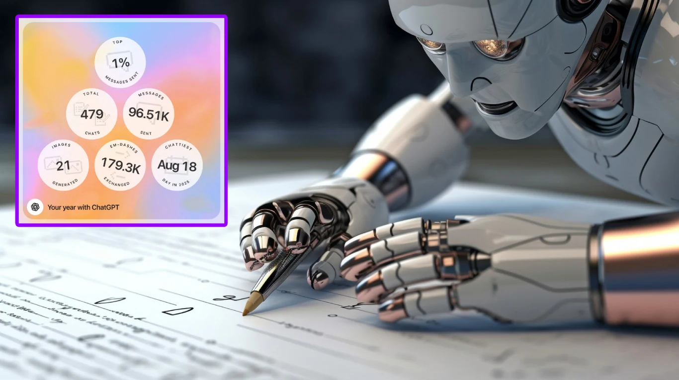 Ile wie o tobie ChatGPT? Użytkownicy mogą sprawdzić statystyki i obserwacje w podsumowaniu roku 2025 Robot o futurystycznym wyglądzie wykonuje precyzyjne notatki na kartce papieru, obok widoczna jest kolorowa grafika z podsumowaniem użytkowania, zawierająca liczby i daty na tle abstrakcyjnego gradientu.