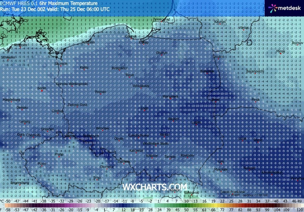 Kolorowa mapa przedstawiająca maksymalne temperatury w poszczególnych regionach Polski oraz części sąsiadujących krajów, z wyraźnie zaznaczonymi wartościami temperatur i gradientami kolorystycznymi odpowiadającymi zakresom temperatur.