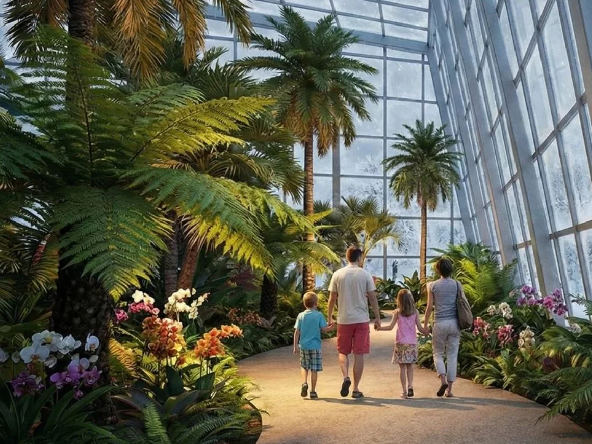 Rodzina spacerująca po tropikalnej szklarni otoczonej bujną roślinnością, taką jak palmy i egzotyczne kwiaty, z dużą ilością naturalnego światła wpadającego przez szklane ściany.