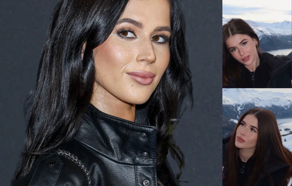 Młoda kobieta o ciemnych włosach w skórzanej kurtce po lewej stronie obrazu, po prawej stronie dwie miniatury tej samej kobiety z inną fryzurą i makijażem, w tle ośnieżone góry.