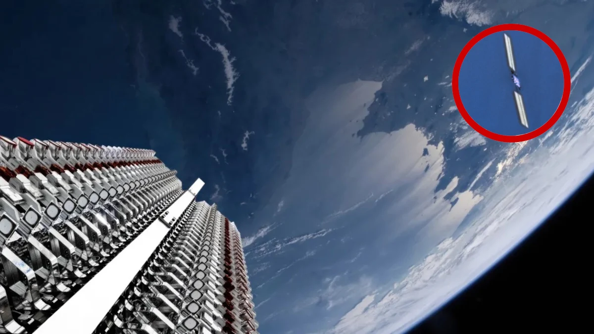 Uszkodzony Starlink sfotografowany nad Alaską. Spadnie do atmosfery Ziemi. Grupa satelitów unoszących się nad powierzchnią Ziemi, na tle planety z widocznymi chmurami. Jeden satelita wyróżniony czerwonym okręgiem w prawej części kadru.