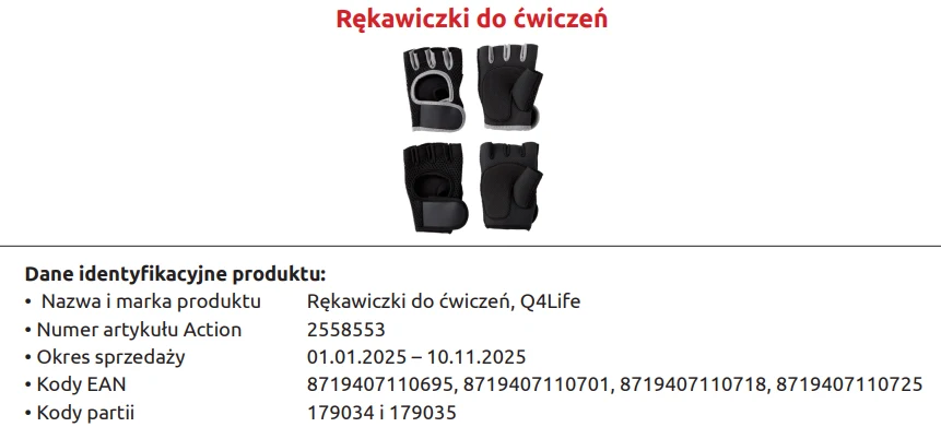 Cztery ujęcia czarnych rękawiczek do ćwiczeń z odkrytymi palcami na białym tle, u góry czerwony napis, pod rękawiczkami szczegółowe dane produktu, takie jak marka, kody EAN i okres sprzedaży.